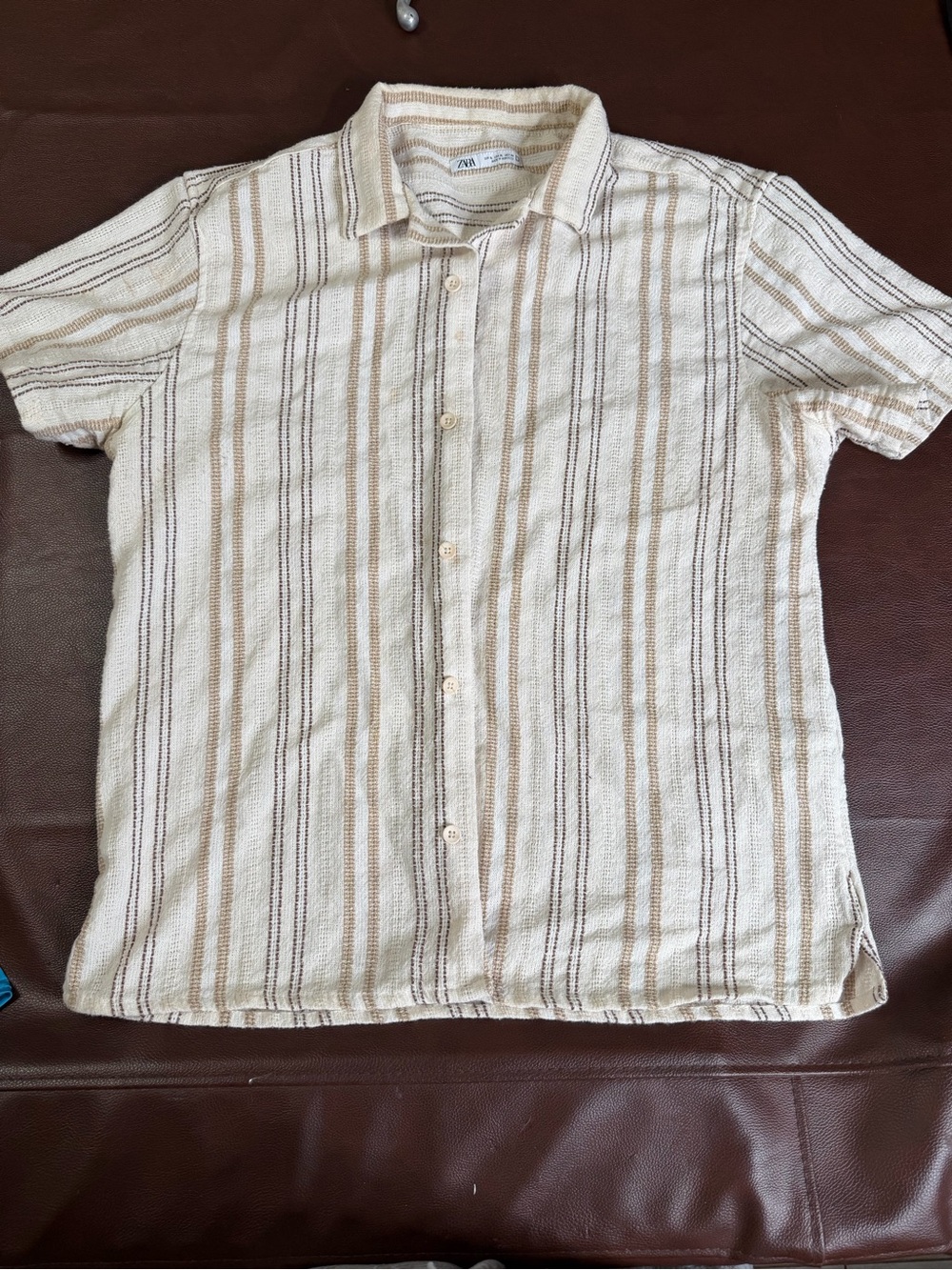 Zara Men Short Sleeve Striped Button-Up Shirt - Cream & Tan